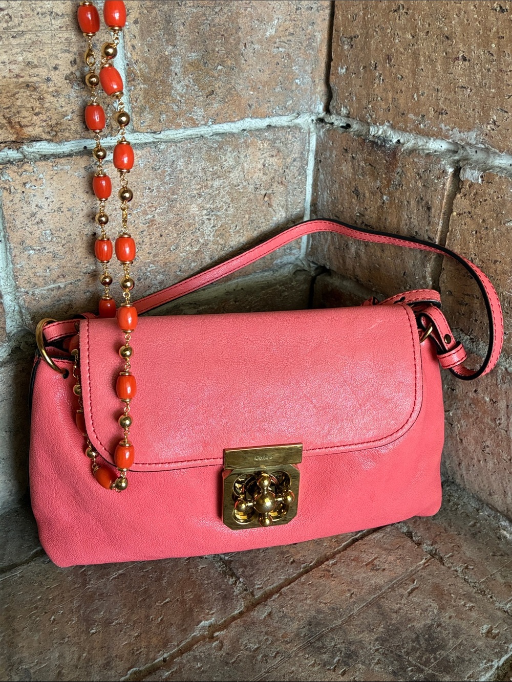 Chloe Elsie Leather two way Shoulder Bag Coral Pink Supple Leather - Picture 10 of 17